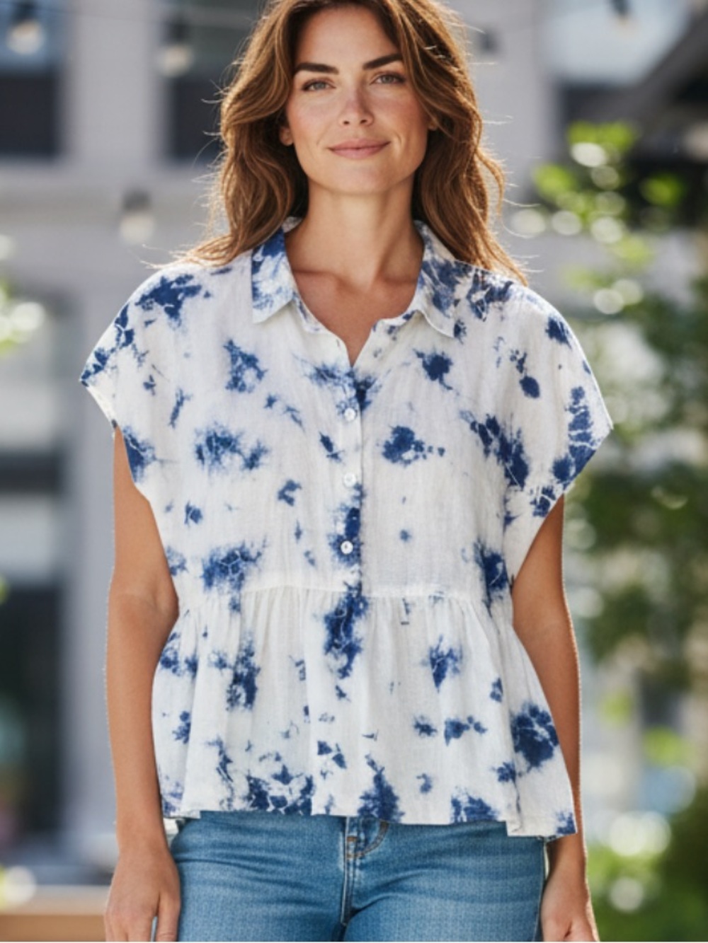 Rachel Zoe Babydoll Cropped Blue Tie-Dye Peplum Half Button-Down Relaxed Top M